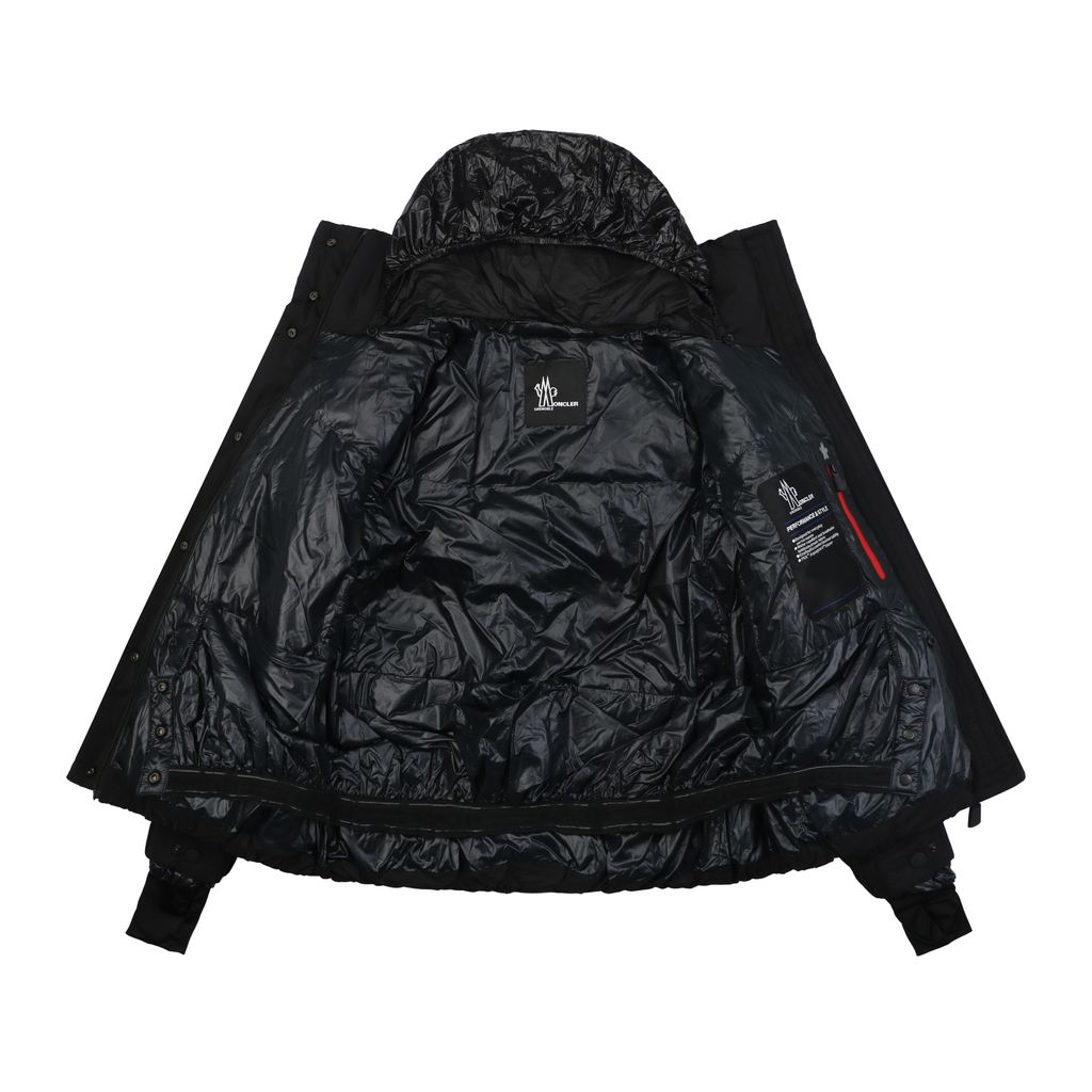 Moncler Anglin black women’s stand collar down ski jacket MX-046 90 white duck down ripstop nylon thumbhole cuffs zip pockets adjustable hem sizes 0 1 2 3