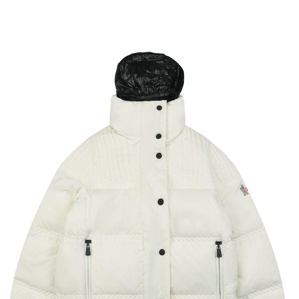 Moncler Anglin white women’s stand collar down ski jacket MX-046 90 white duck down ripstop nylon thumbhole cuffs zip pockets adjustable hem sizes 0 1 2 3