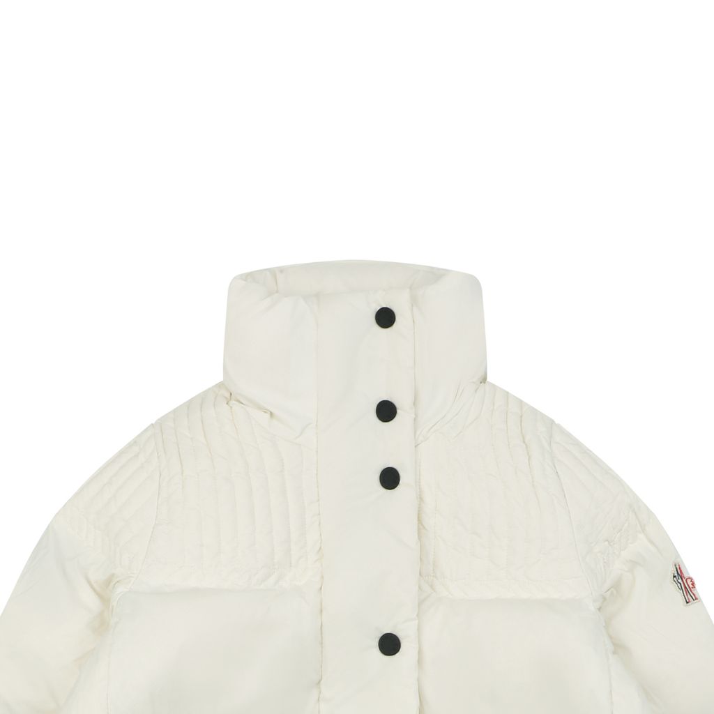 Moncler Anglin white women’s stand collar down ski jacket MX-046 90 white duck down ripstop nylon thumbhole cuffs zip pockets adjustable hem sizes 0 1 2 3