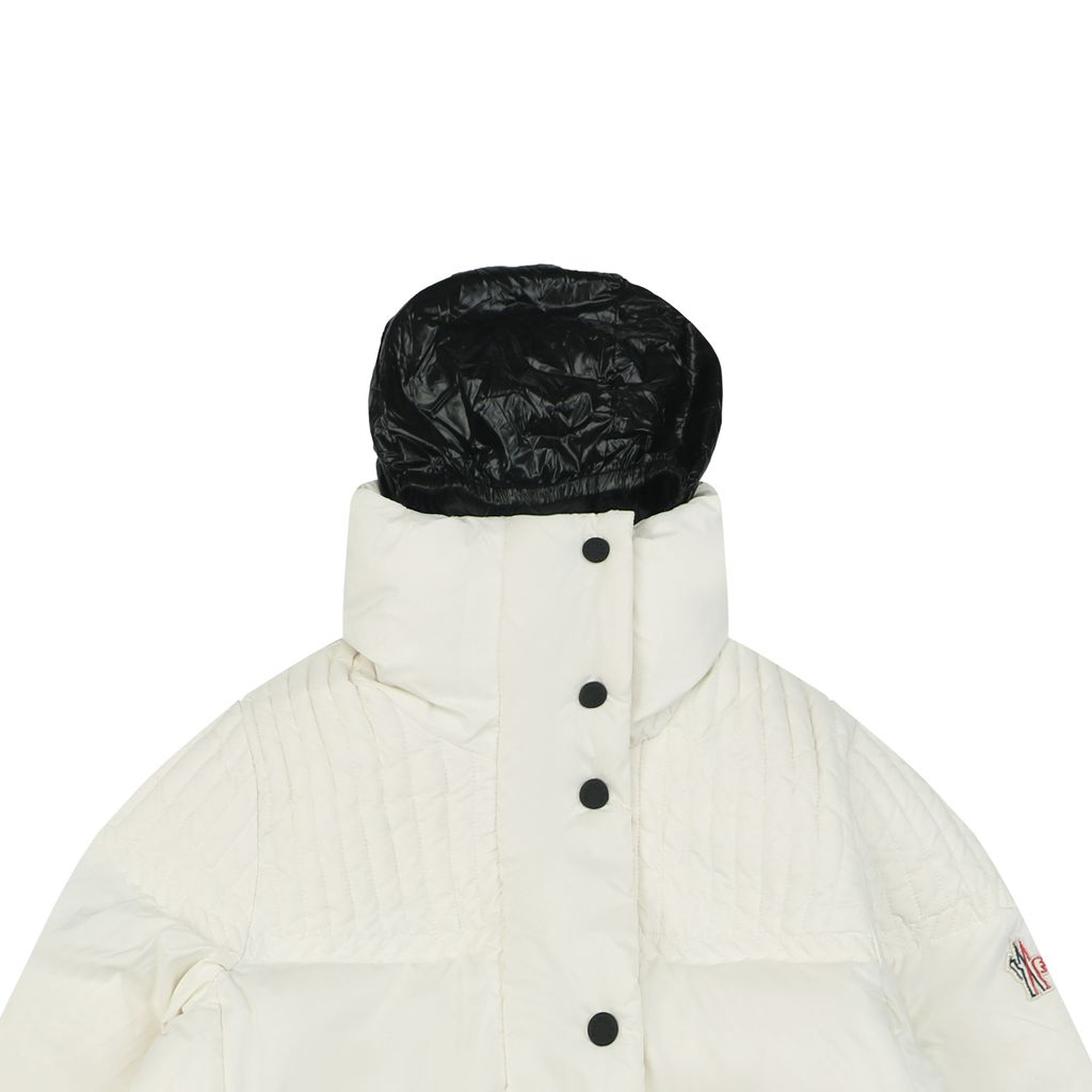 Moncler Anglin white women’s stand collar down ski jacket MX-046 90 white duck down ripstop nylon thumbhole cuffs zip pockets adjustable hem sizes 0 1 2 3