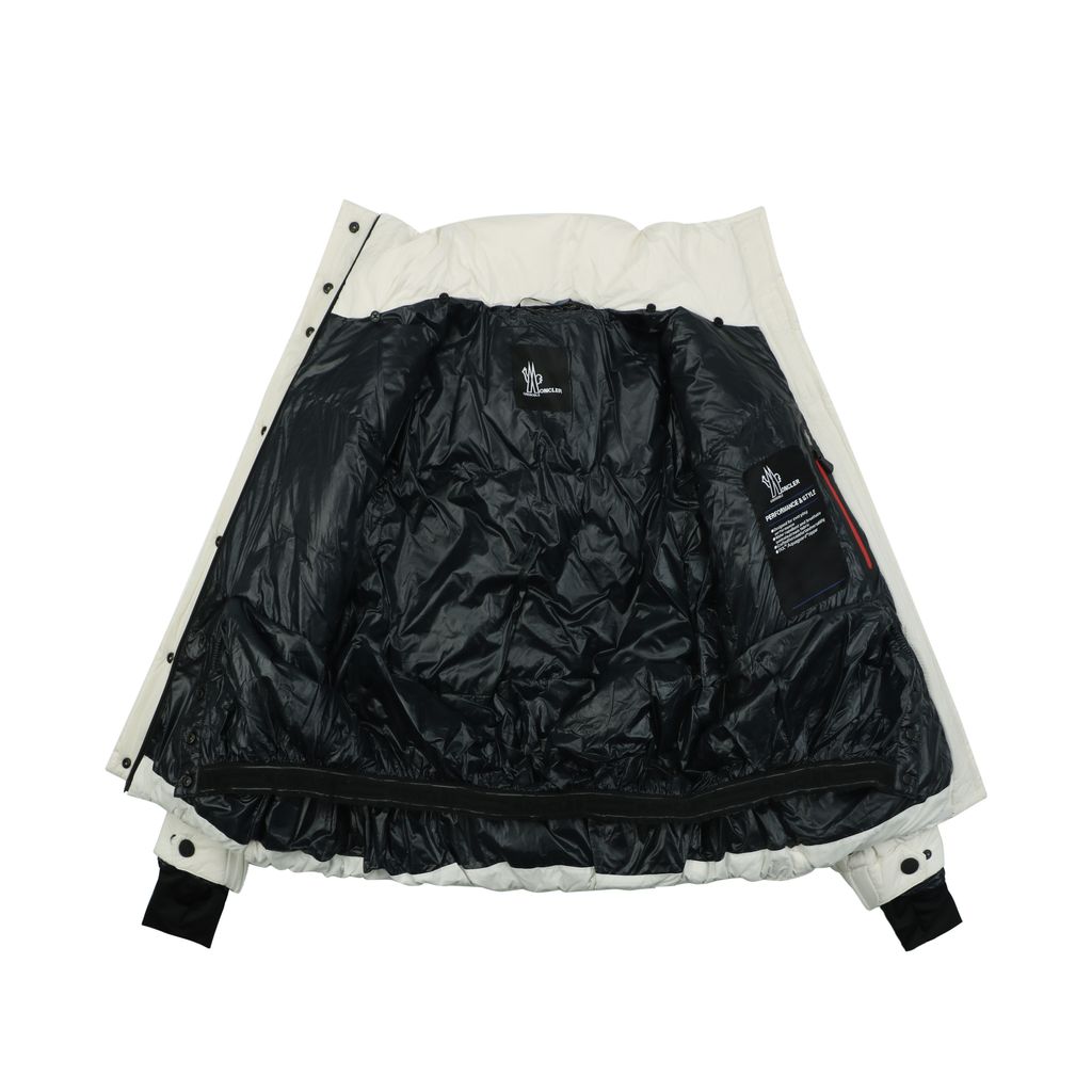 Moncler Anglin white women’s stand collar down ski jacket MX-046 90 white duck down ripstop nylon thumbhole cuffs zip pockets adjustable hem sizes 0 1 2 3