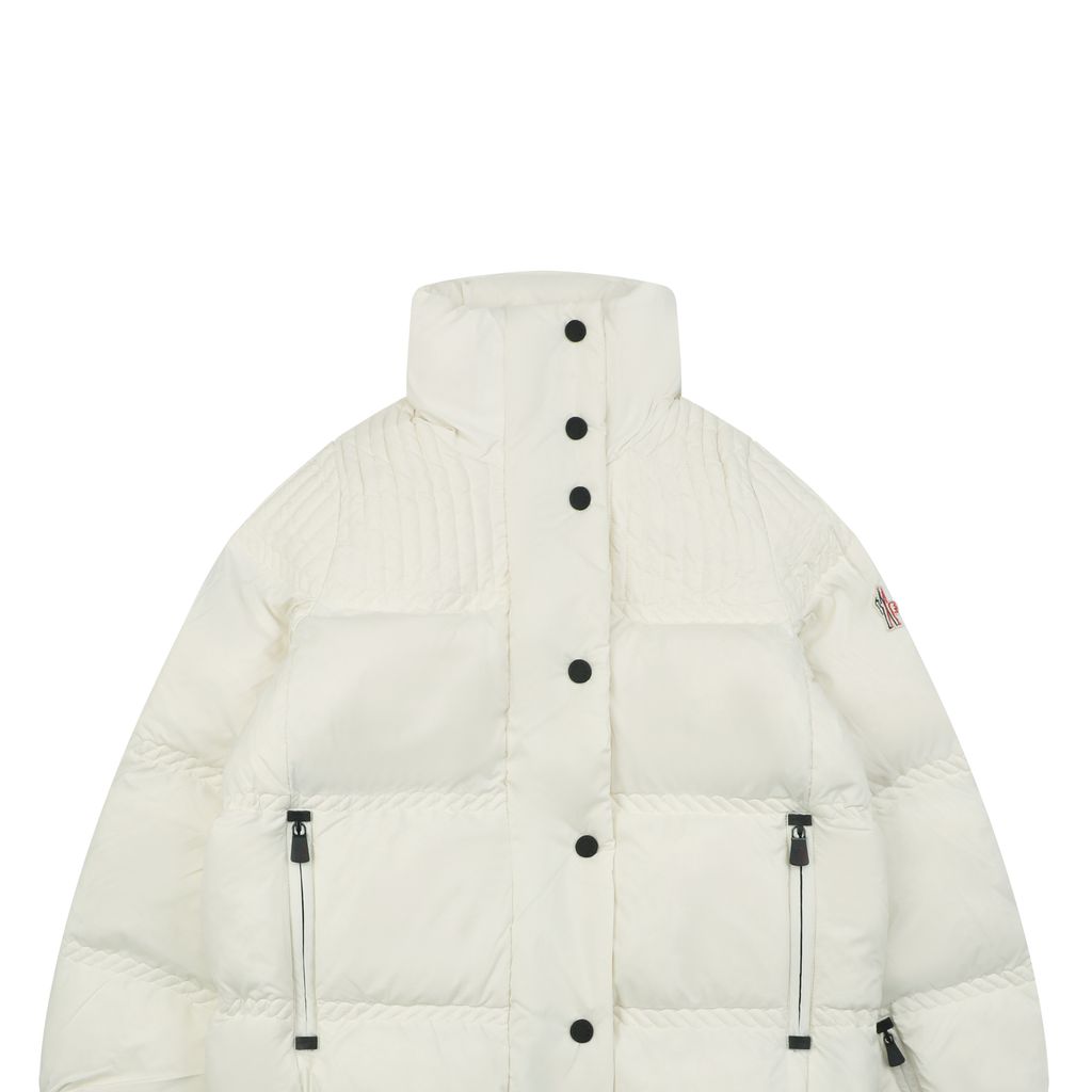 Moncler Anglin white women’s stand collar down ski jacket MX-046 90 white duck down ripstop nylon thumbhole cuffs zip pockets adjustable hem sizes 0 1 2 3