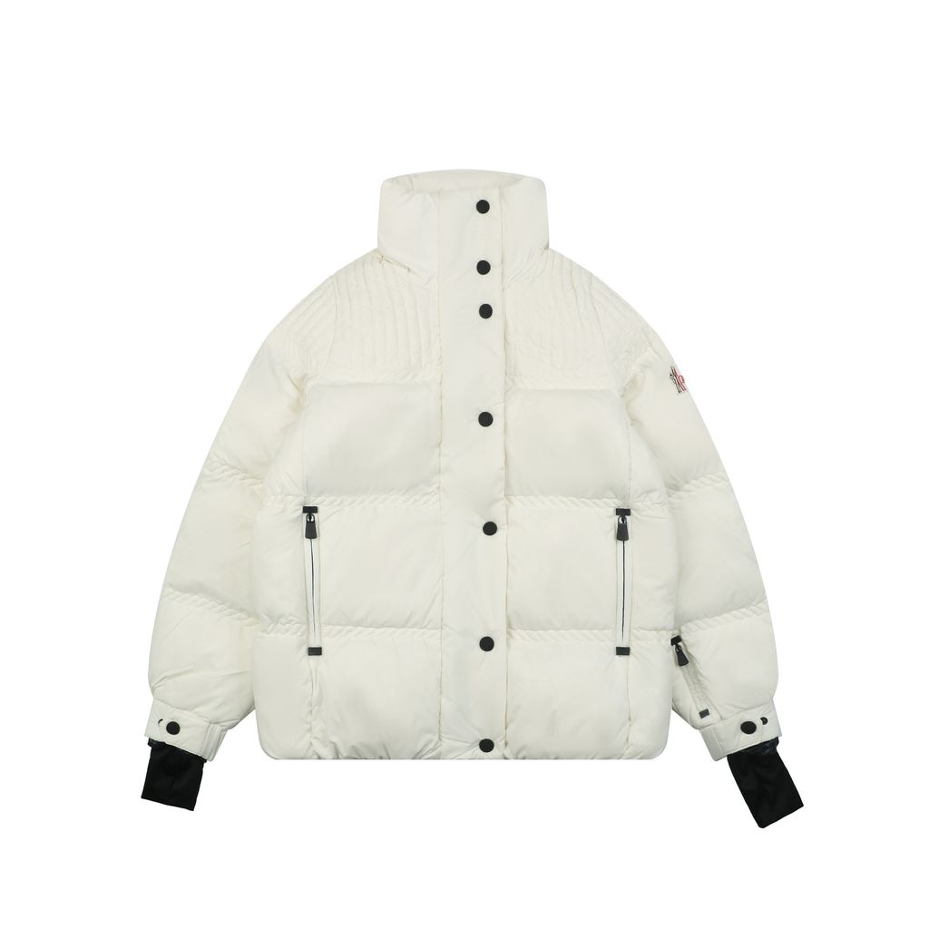 Moncler Anglin white women’s stand collar down ski jacket MX-046 90 white duck down ripstop nylon thumbhole cuffs zip pockets adjustable hem sizes 0 1 2 3
