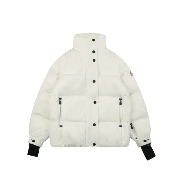Moncler Anglin white women’s stand collar down ski jacket MX-046 90 white duck down ripstop nylon thumbhole cuffs zip pockets adjustable hem sizes 0 1 2 3