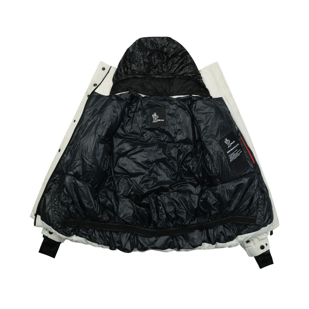 Moncler Anglin white women’s stand collar down ski jacket MX-046 90 white duck down ripstop nylon thumbhole cuffs zip pockets adjustable hem sizes 0 1 2 3
