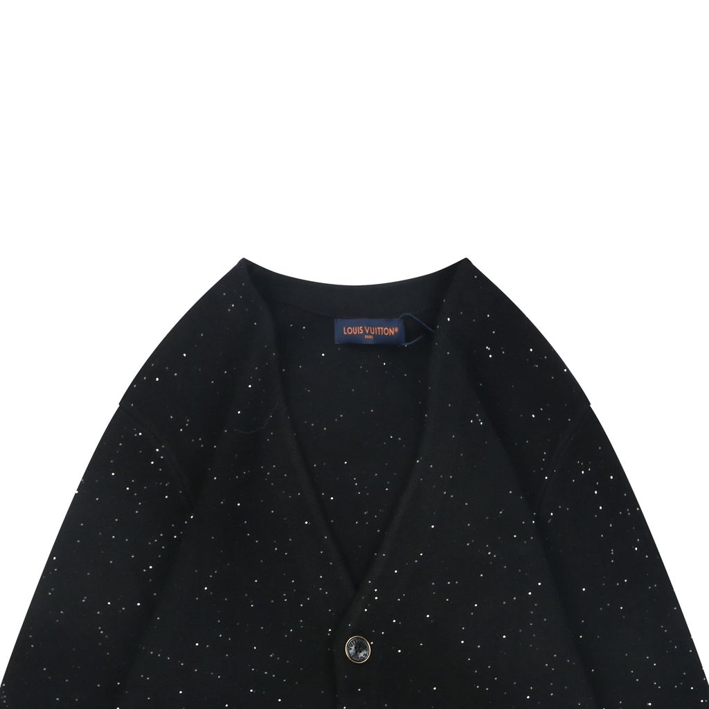 Louis Vuitton black starry sequin knit V-neck cardigan integrated sequin yarn subtle sparkle custom buttons dual patch pockets tonal embroidery relaxed fit sizes S-XL