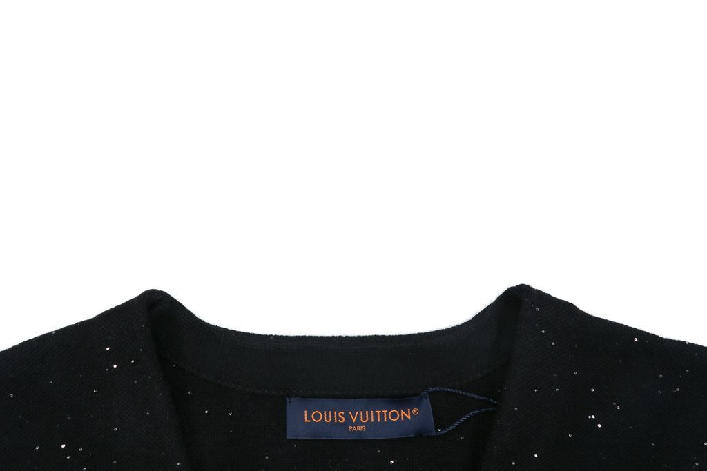 Louis Vuitton black starry sequin knit V-neck cardigan integrated sequin yarn subtle sparkle custom buttons dual patch pockets tonal embroidery relaxed fit sizes S-XL