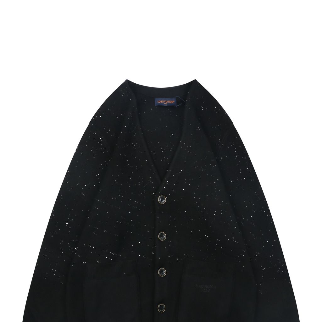 Louis Vuitton black starry sequin knit V-neck cardigan integrated sequin yarn subtle sparkle custom buttons dual patch pockets tonal embroidery relaxed fit sizes S-XL