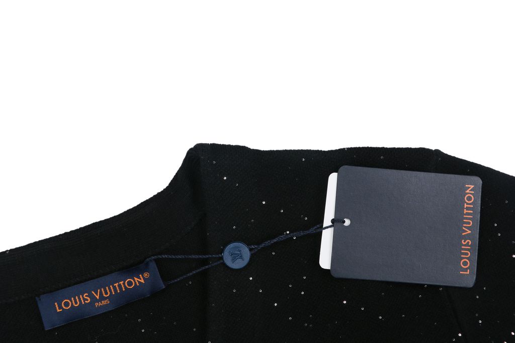 Louis Vuitton black starry sequin knit V-neck cardigan integrated sequin yarn subtle sparkle custom buttons dual patch pockets tonal embroidery relaxed fit sizes S-XL