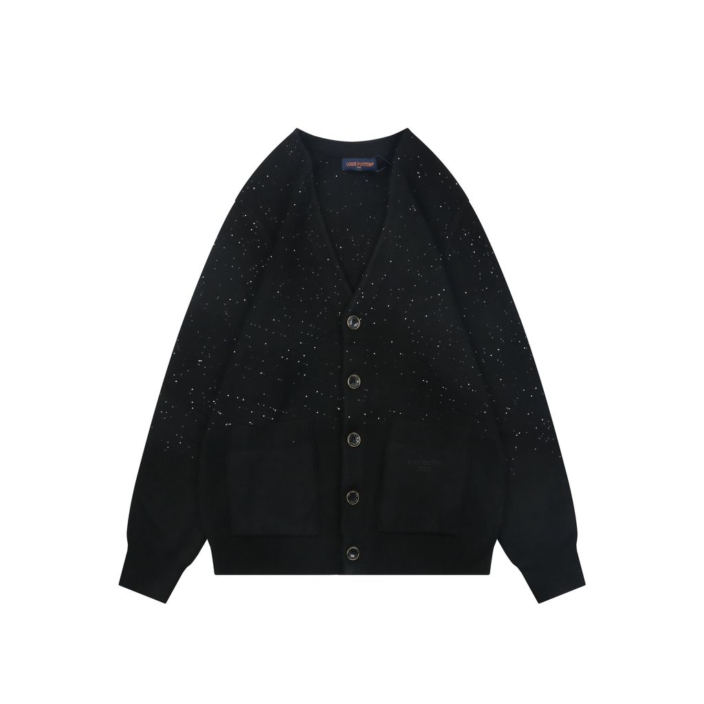 Louis Vuitton black starry sequin knit V-neck cardigan integrated sequin yarn subtle sparkle custom buttons dual patch pockets tonal embroidery relaxed fit sizes S-XL