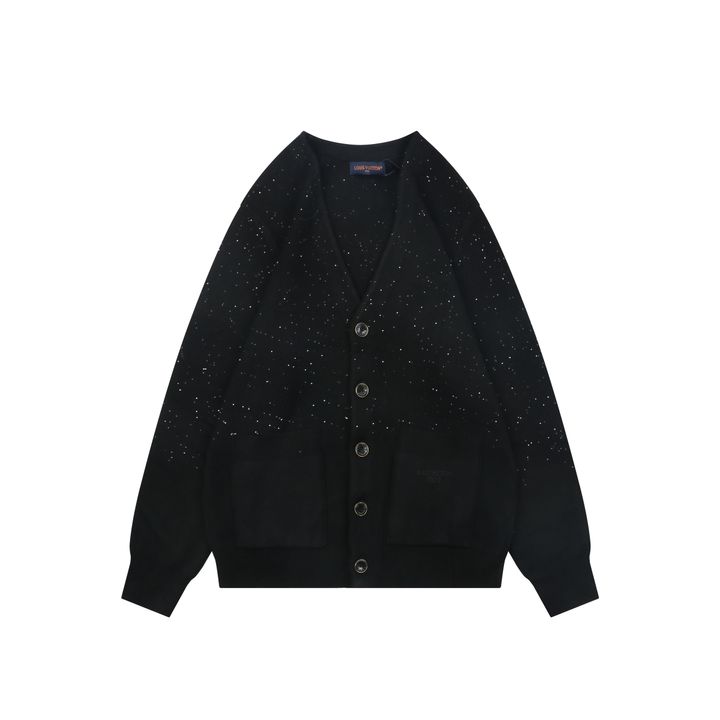 Louis Vuitton black starry sequin knit V-neck cardigan integrated sequin yarn subtle sparkle custom buttons dual patch pockets tonal embroidery relaxed fit sizes S-XL