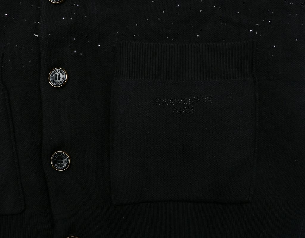 Louis Vuitton black starry sequin knit V-neck cardigan integrated sequin yarn subtle sparkle custom buttons dual patch pockets tonal embroidery relaxed fit sizes S-XL