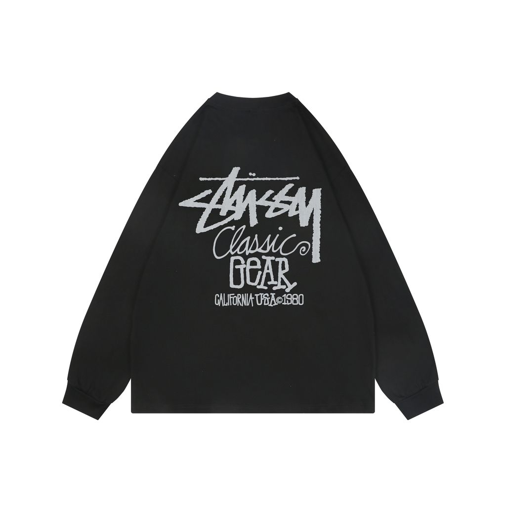 Stussy black 1980 graffiti letter print long sleeve T-shirt 230gsm combed cotton two-stage washed digital direct print relaxed fit sizes S-XL
