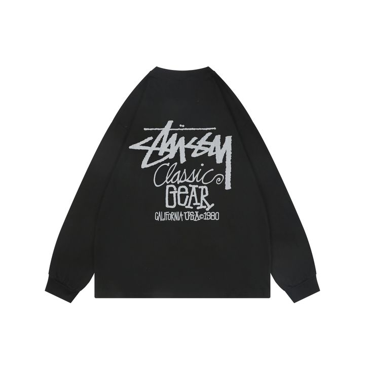 Stussy black 1980 graffiti letter print long sleeve T-shirt 230gsm combed cotton two-stage washed digital direct print relaxed fit sizes S-XL