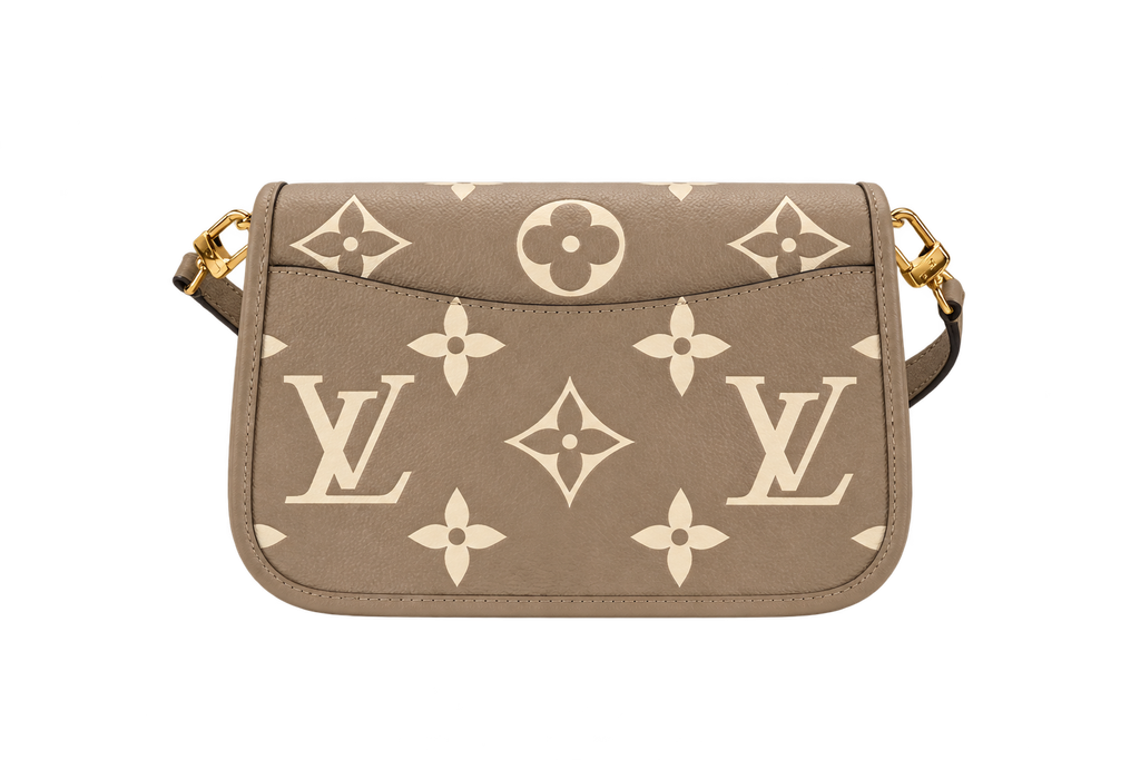 Louis Vuitton Diane cream Monogram Empreinte embossed leather baguette messenger bag removable jacquard shoulder strap leather strap crossbody bag 25x15x9cm