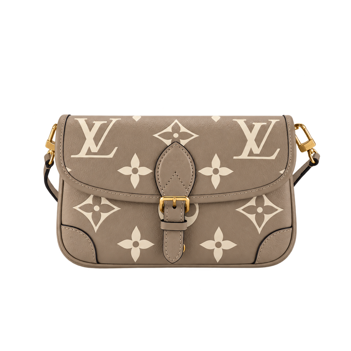 Louis Vuitton Diane cream Monogram Empreinte embossed leather baguette messenger bag removable jacquard shoulder strap leather strap crossbody bag 25x15x9cm