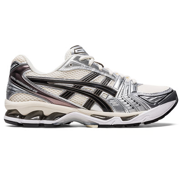 Side profile of the ASICS Gel-Kayano 14 sneaker featuring a breathable cream mesh base, striking black and metallic plum synthetic leather overlays, and a cream midsole with visible GEL technology cushioning in the heel and forefoot.