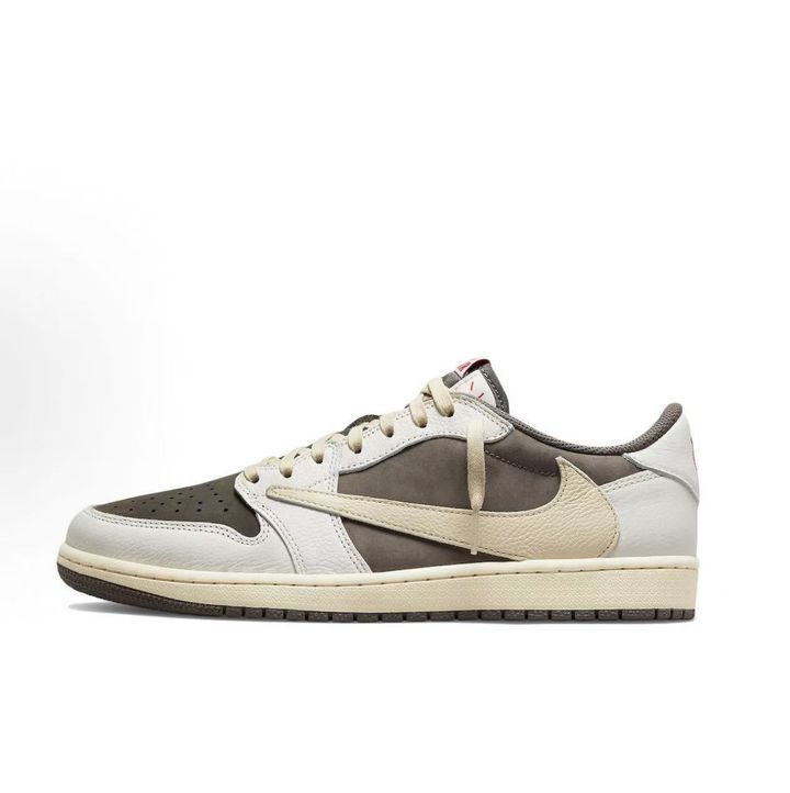Shop Travis Scott x Air Jordan 1 Low OG Reverse Mocha DM7866-162 in Sail, Ridgerock and University Red with suede, leather, reverse Swoosh and Nike Air cushioning.