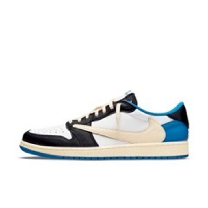 Shop Fragment Design x Travis Scott x Air Jordan 1 Low OG SP DM7866-140 in White, Black, Royal and Sail with reverse Swoosh and collaborative heel branding.