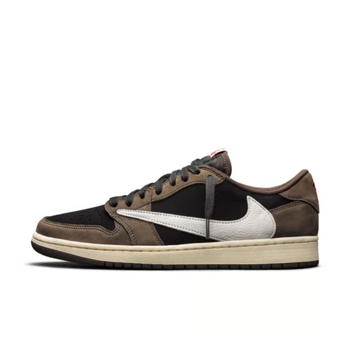 Shop Travis Scott x Air Jordan 1 Low OG SP Mocha CQ4277-001 in Black, Dark Mocha, University Red and Sail with the signature Reverse Swoosh and Cactus Jack details.