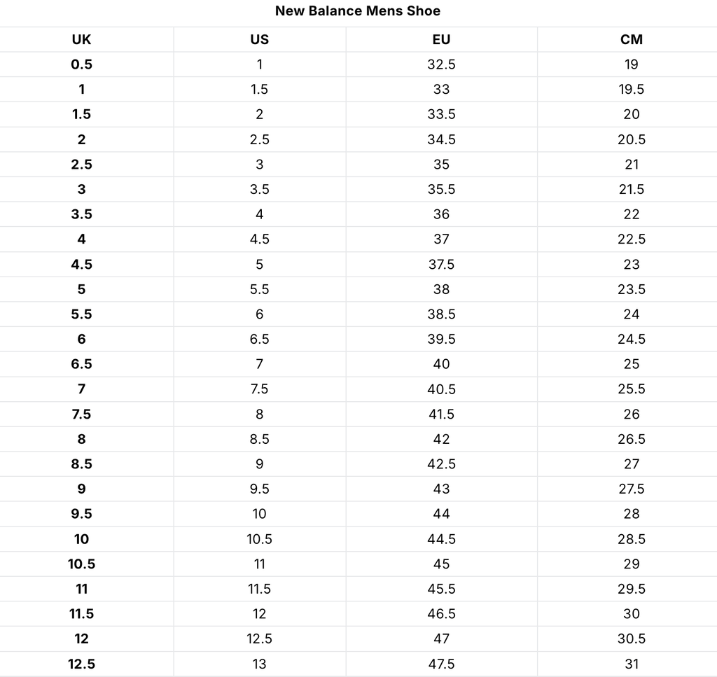 New Balance 2002R size chart for men and women