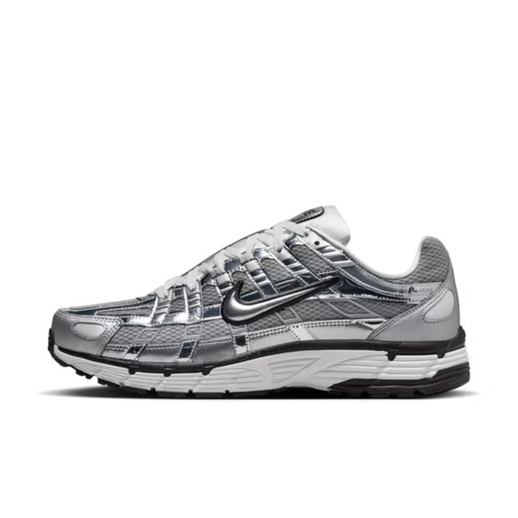 Nike P-6000 Metallic Silver CN0149-001 side profile showing chrome synthetic overlays and breathable mesh upper