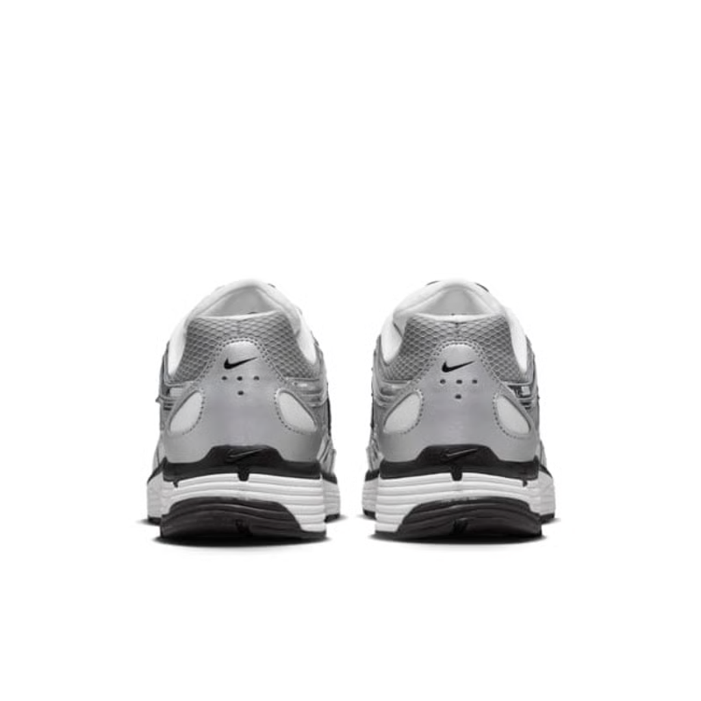 op view of Nike P-6000 Silver runner displaying lacing system, embroidered mini Swoosh, and mesh toe box details