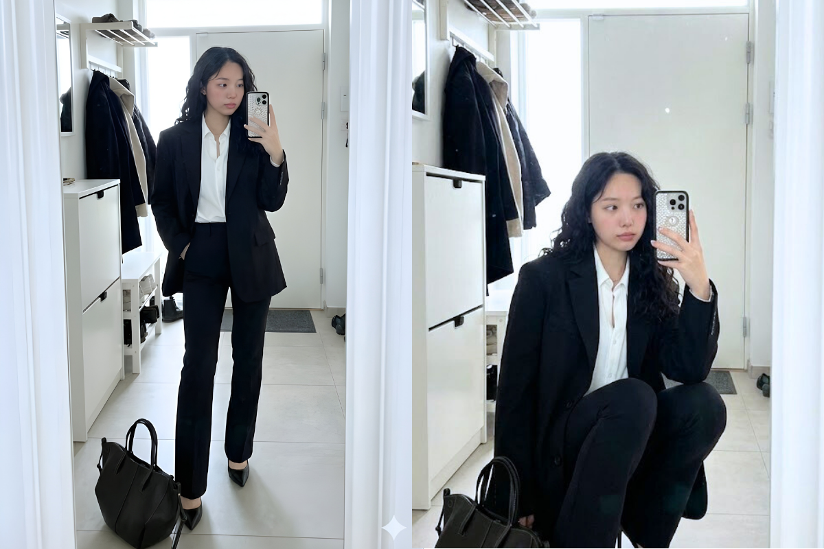 BBAM 黑色喇叭褲 + 廓形西裝外套 + 尖頭跟鞋