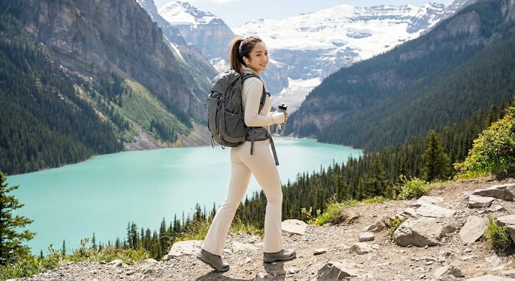  BBAM 喇叭褲 + 修身運動外套 + 登山鞋