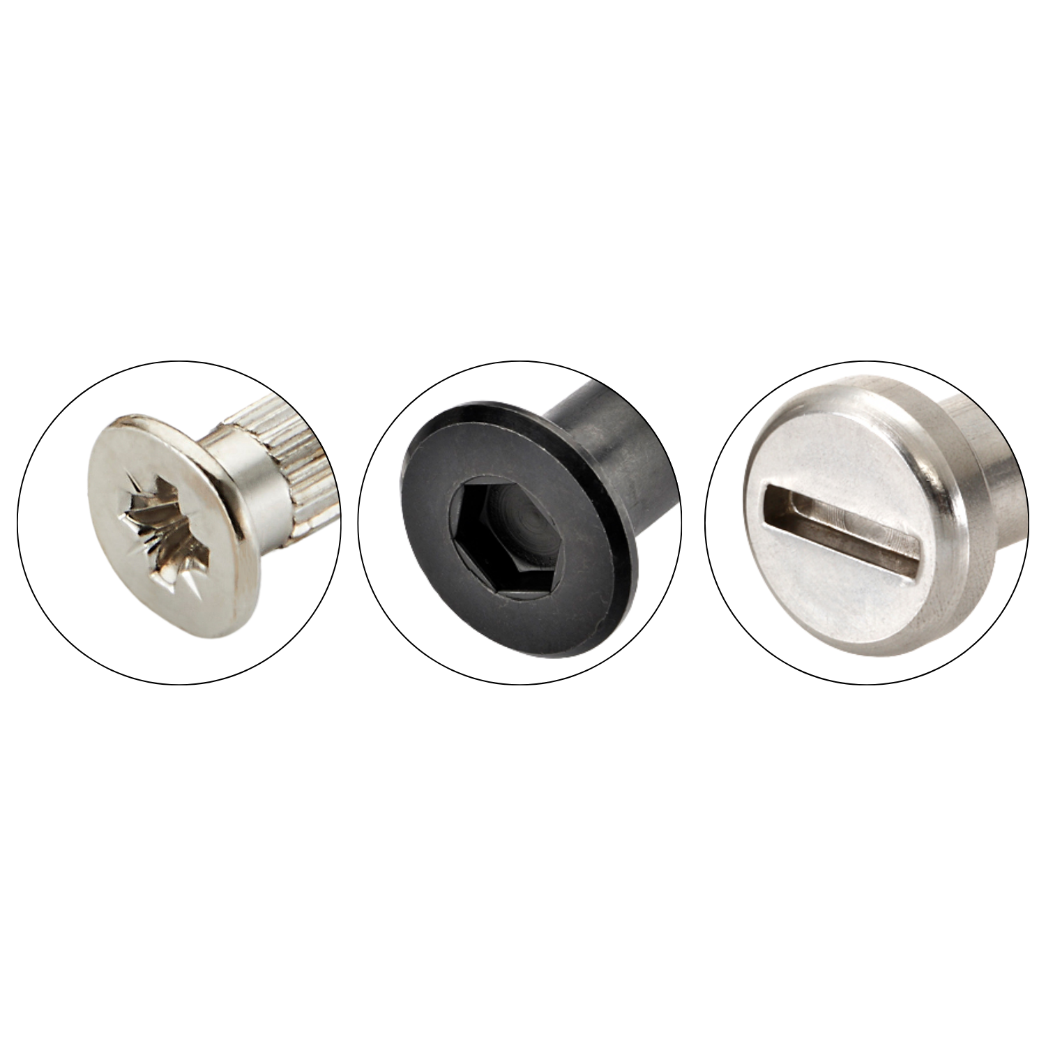 Furniture connector bolts with Phillips, hex, and slotted heads