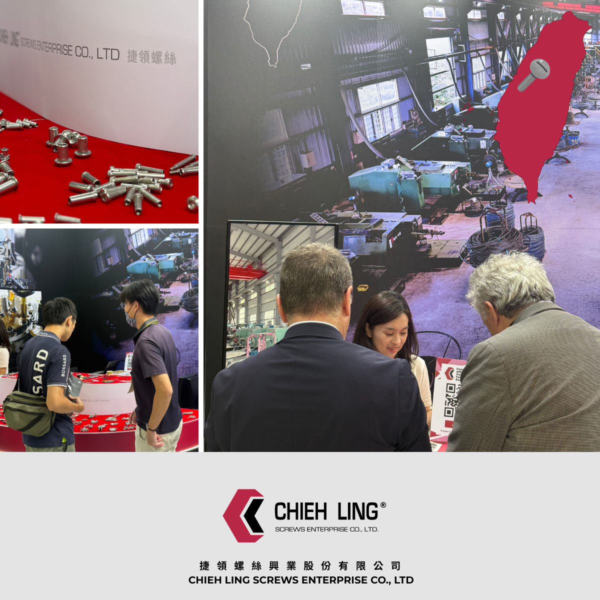 義大利、印尼、泰國家具與航太買主於捷領螺絲展位現場詢問 Furniture and aerospace buyers from Italy, Indonesia, and Thailand at Chieh Ling Screws booth