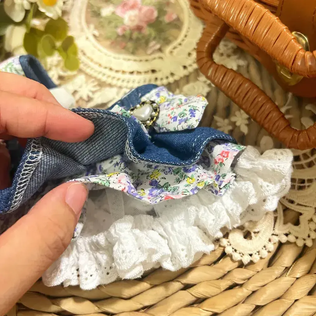 深藍牛仔粉紅碎花百折圍巾(配牛仔山茶花) 3