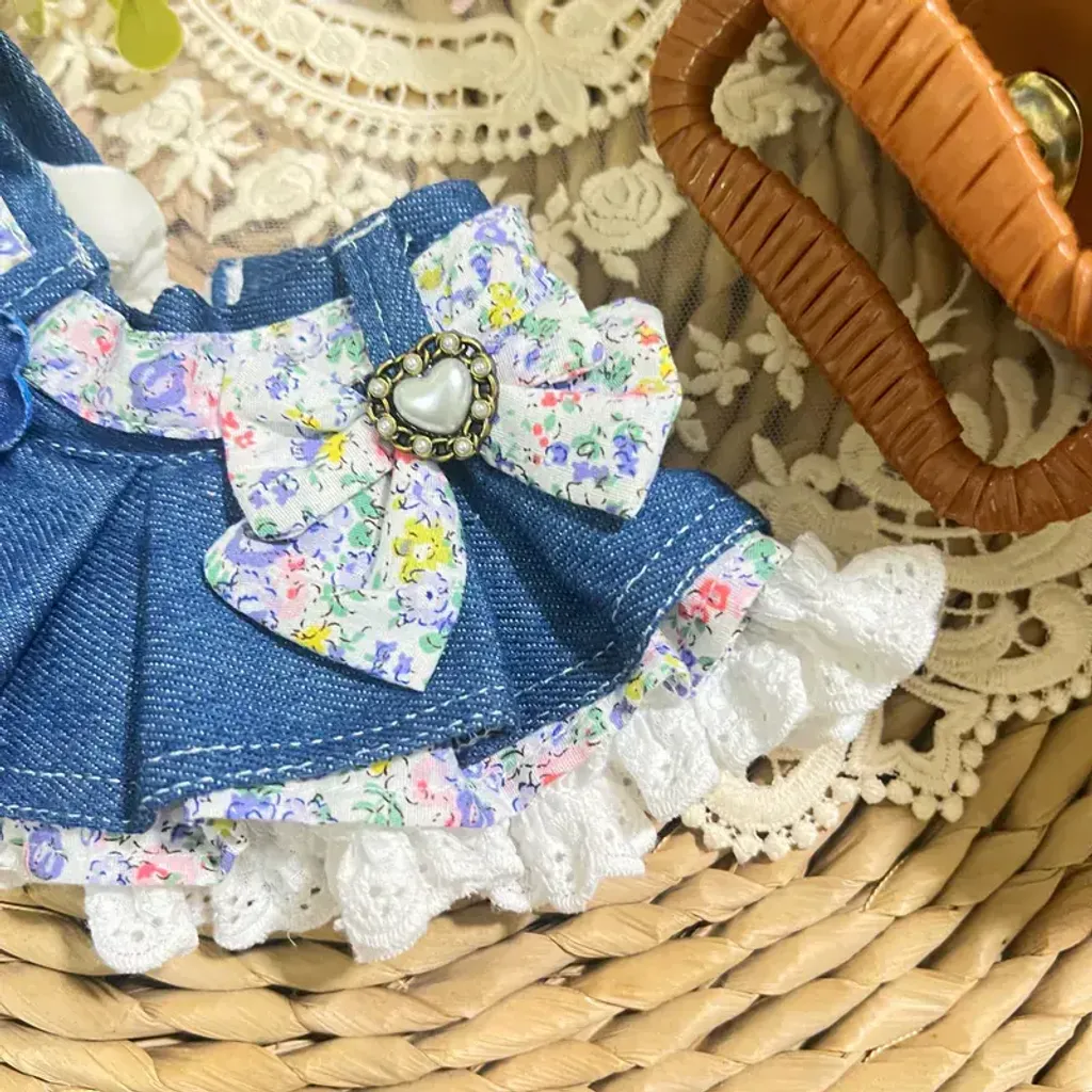 深藍牛仔粉紅碎花百折圍巾(配牛仔山茶花) 2