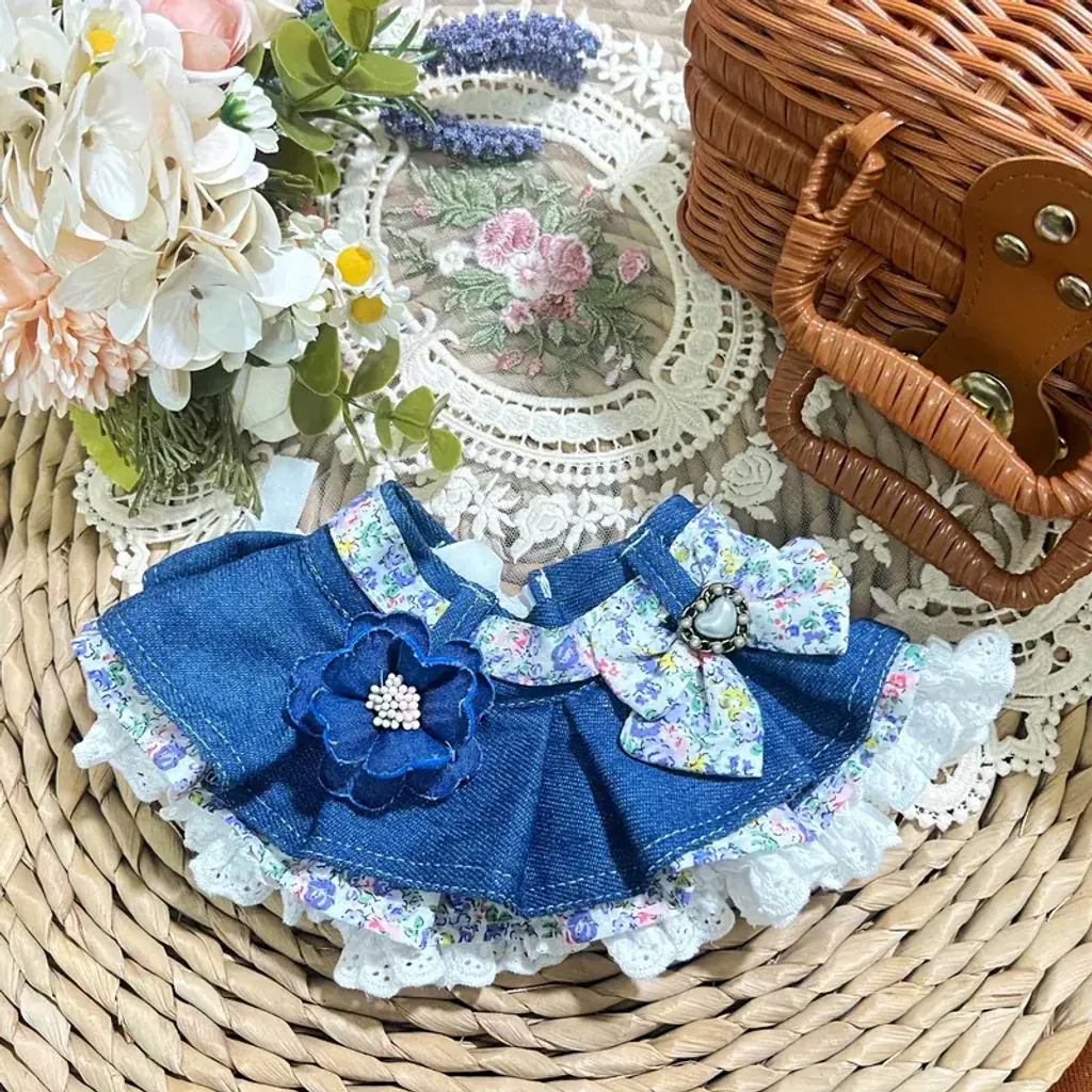 深藍牛仔粉紅碎花百折圍巾(配牛仔山茶花)