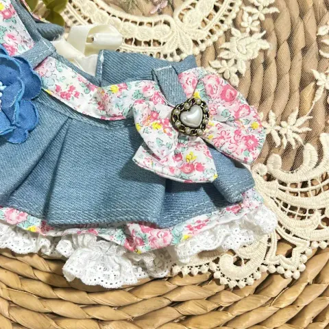 淺藍牛仔粉紅碎花百折圍巾(配牛仔山茶花) 2