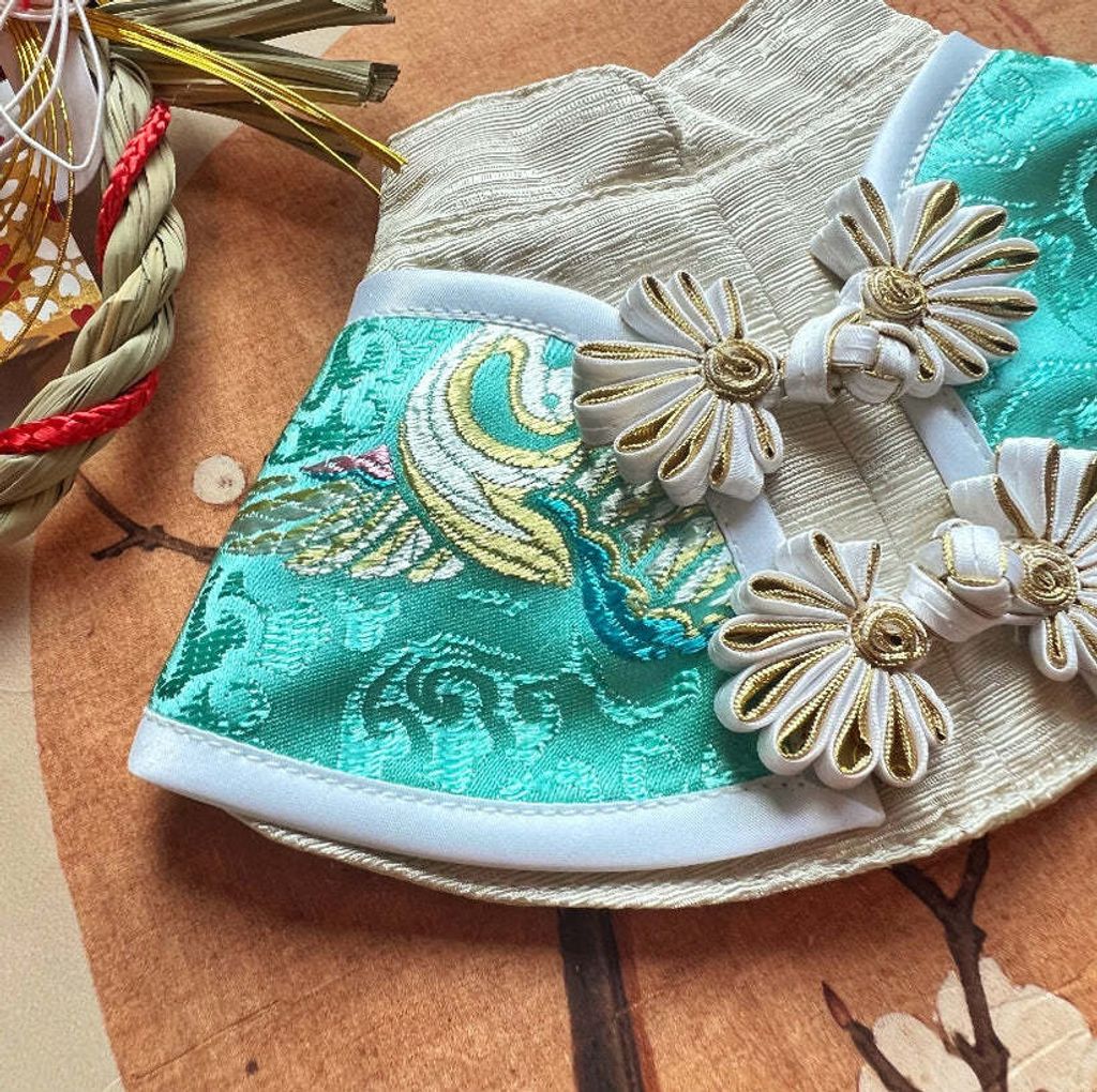 雲中鶴唐裝圍巾（湖綠配淺金色）2