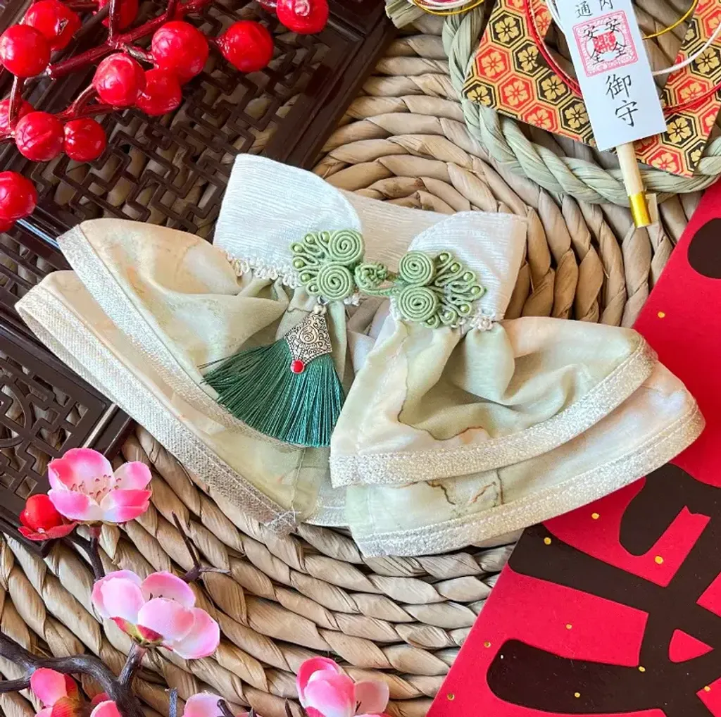 水墨中式披紗（青黃配白金邊）1