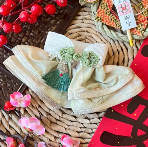 水墨中式披紗（青黃配白金邊）1