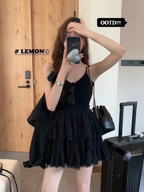 H060 🍋高質感細肩蛋糕短洋 black model