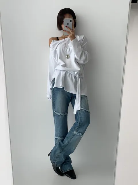 斜扣綁帶長版上衣1