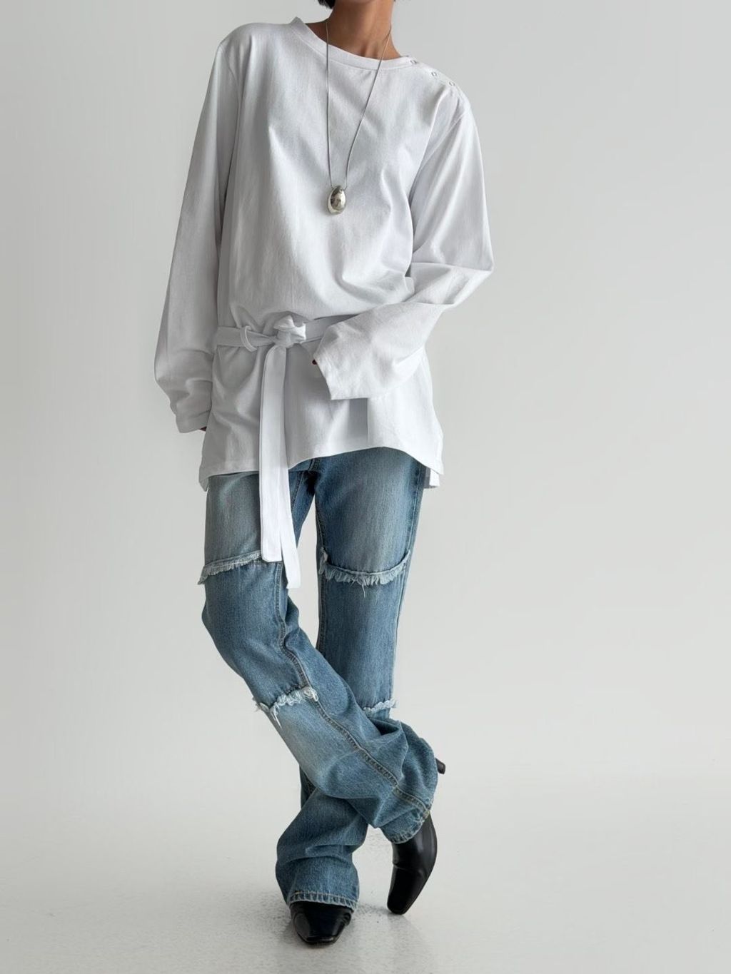 斜扣綁帶長版上衣4