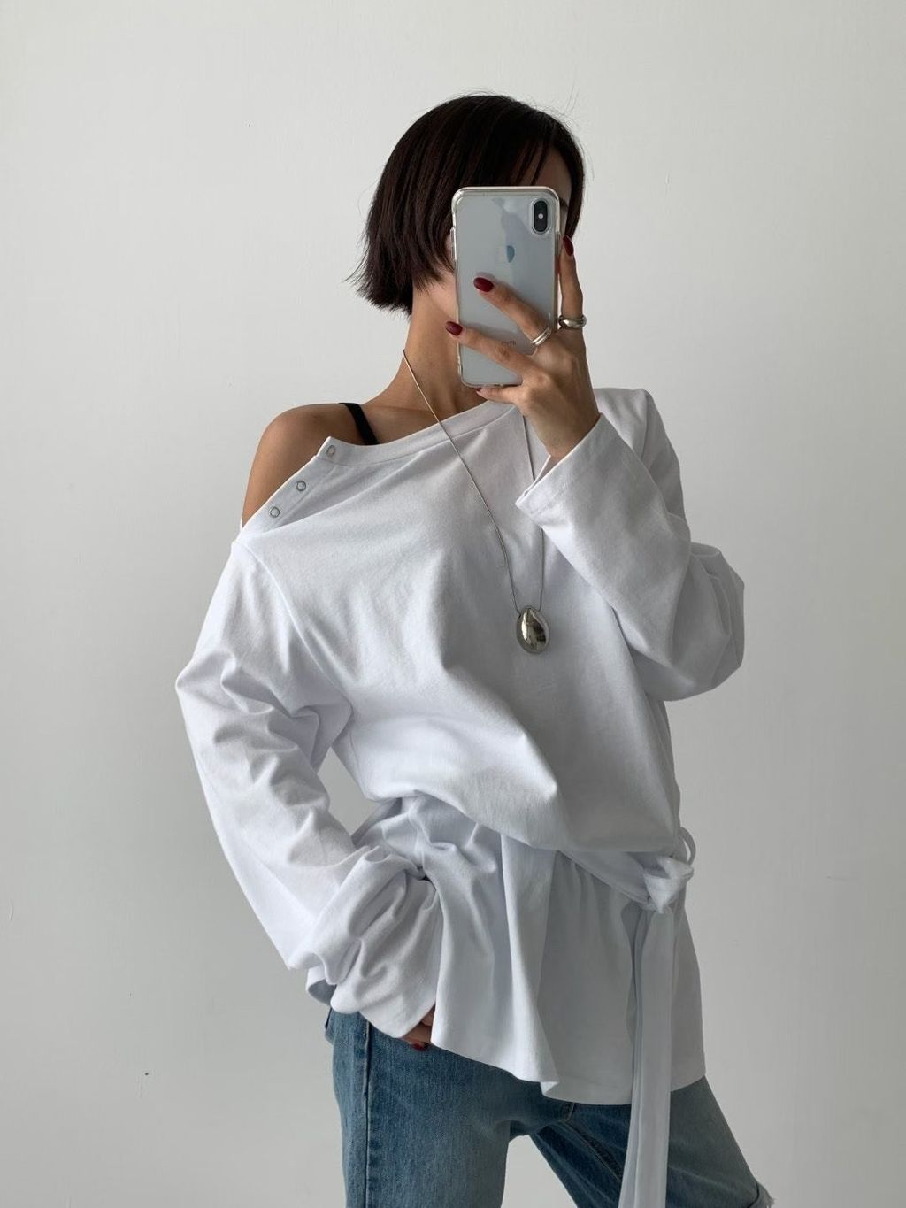 斜扣綁帶長版上衣5