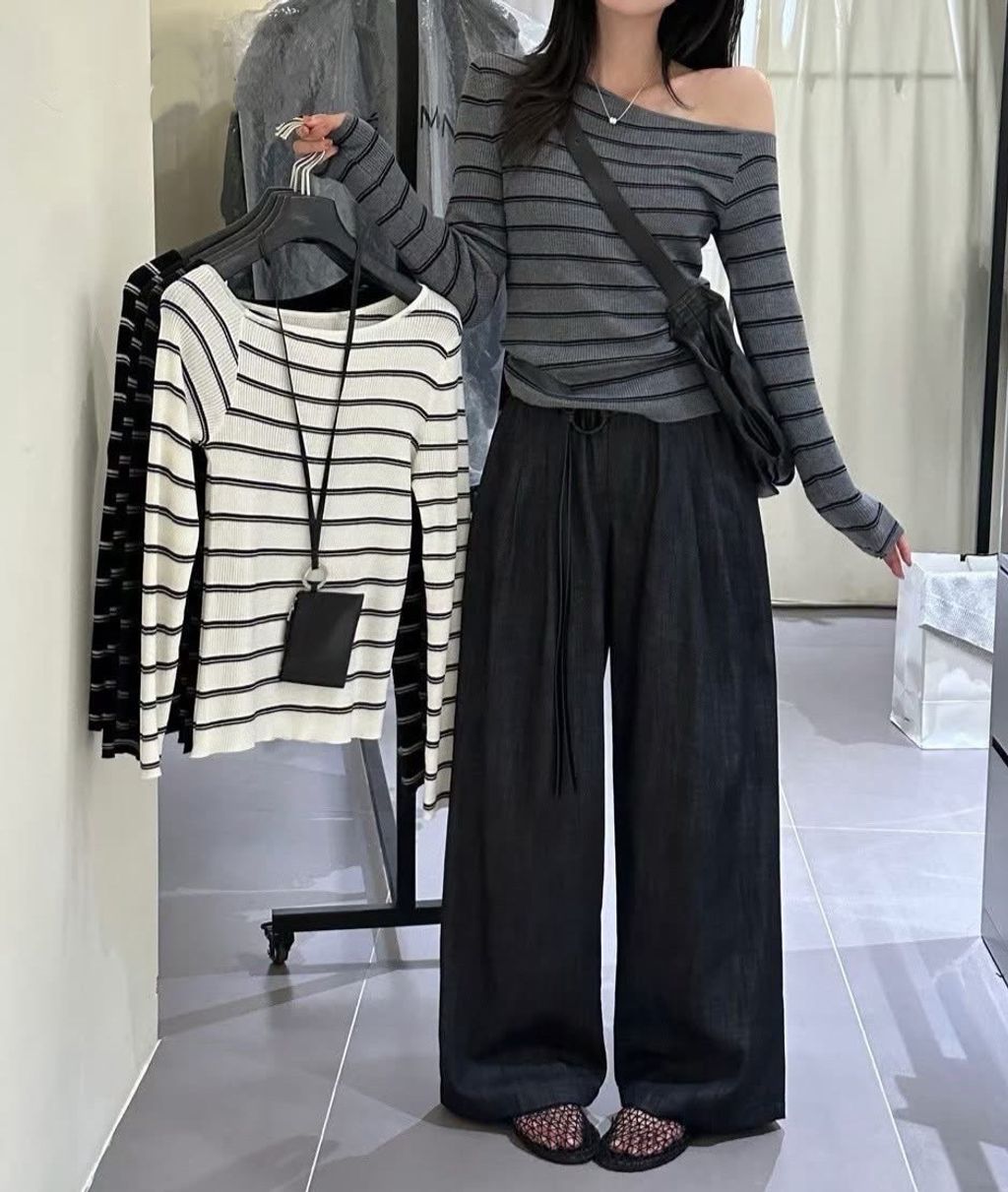 可拉斜肩條紋針織上衣4