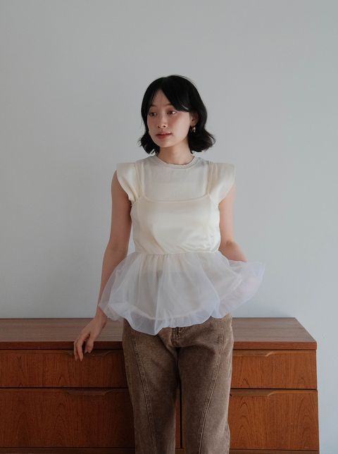 寬肩袖針織＋透明紗背心組合_M01