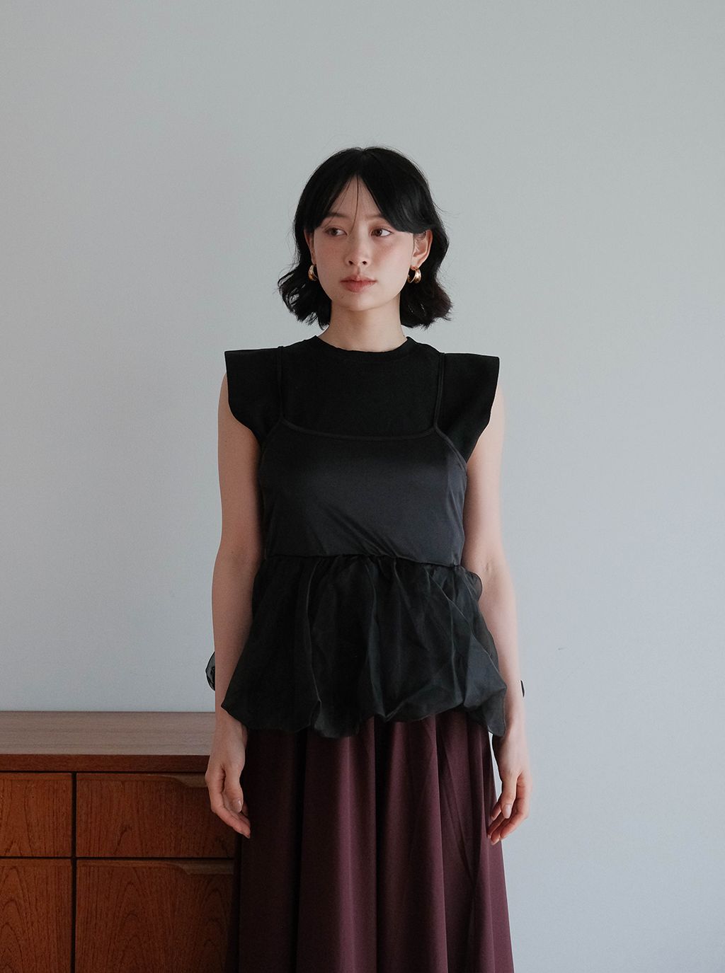 寬肩袖針織＋透明紗背心組合_M18