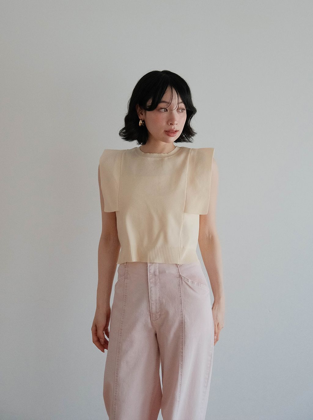寬肩袖針織＋透明紗背心組合_M24