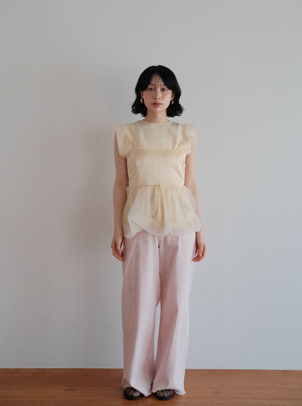 寬肩袖針織＋透明紗背心組合_M22