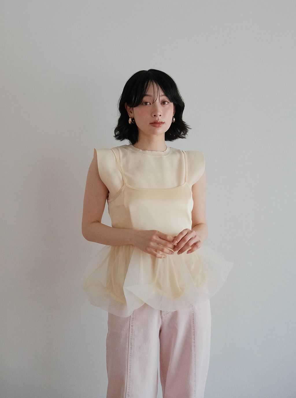 寬肩袖針織＋透明紗背心組合_M21