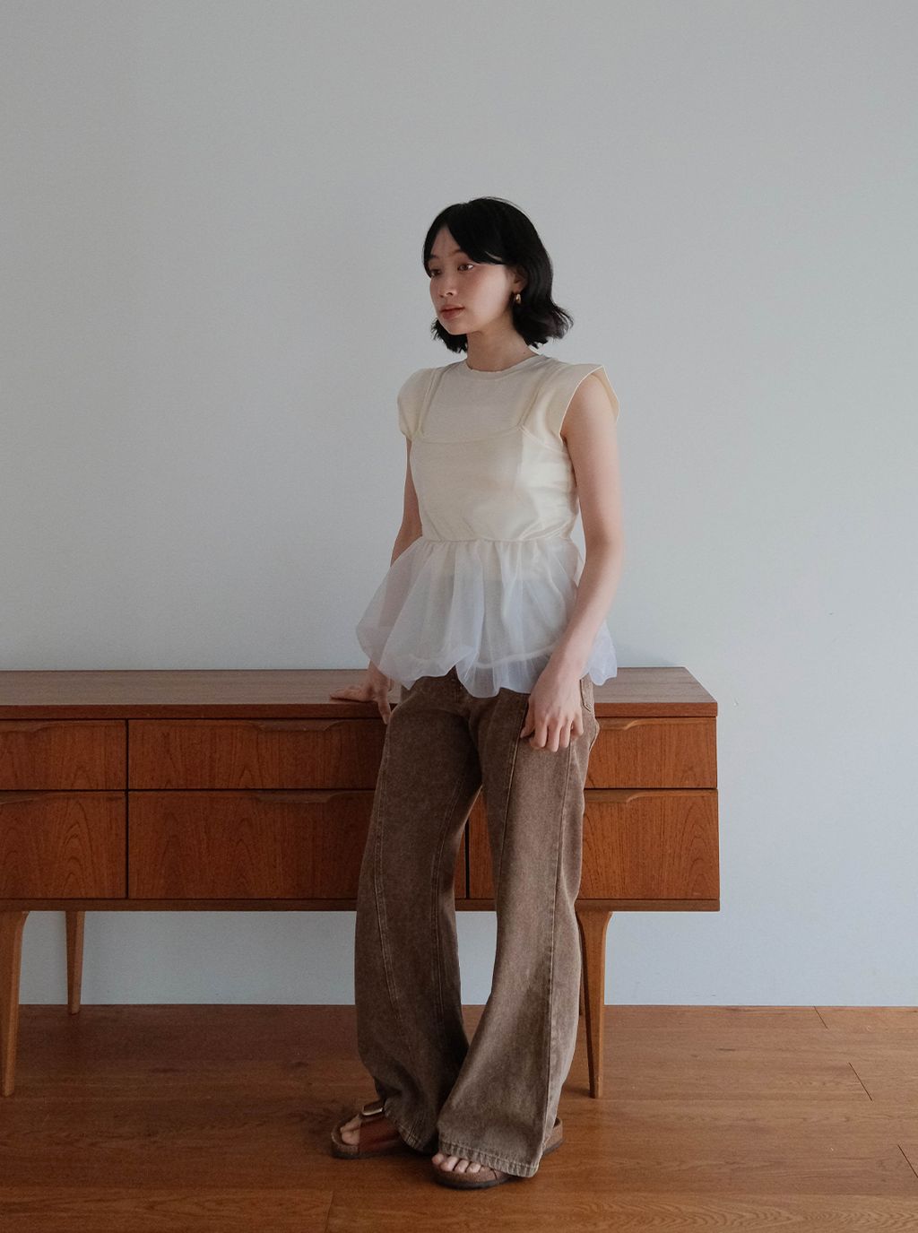 寬肩袖針織＋透明紗背心組合_M03