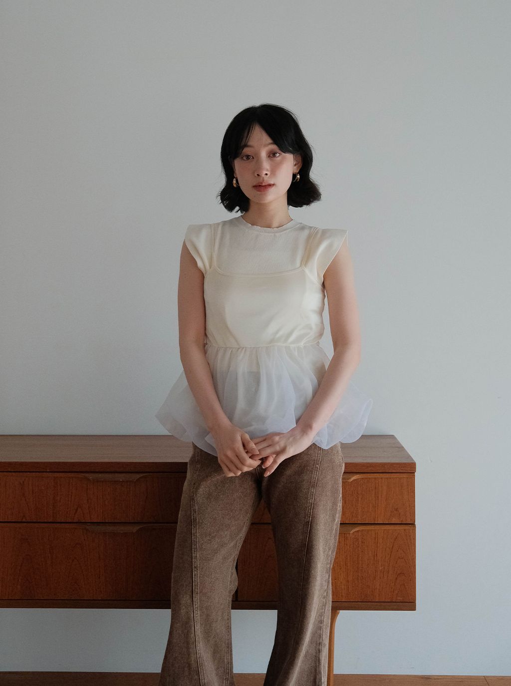 寬肩袖針織＋透明紗背心組合_M05